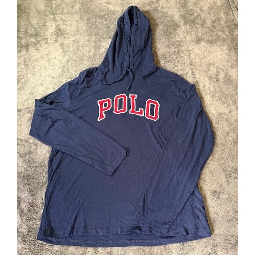 Polo Ralph Lauren Mens Navy Blue Spellout Hooded Long Sleeve Sweatshirt L